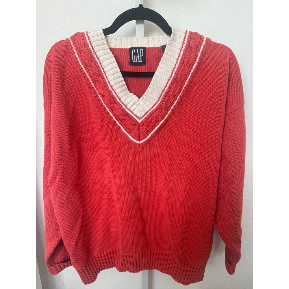 Vintage GAP Cotton V-Neck Sweater Coral Pink Cream Trim Cable Knit Large